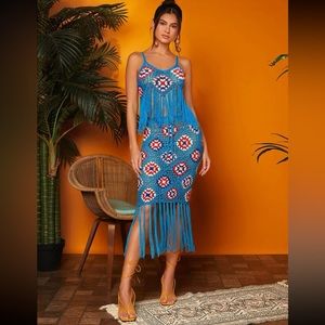 #135 Crochet 2 pieces Floral Patterns Tassel Trim Pointelle Kint Top And Skirt